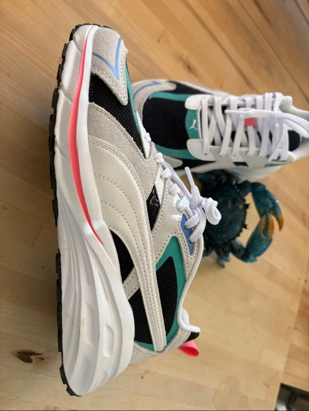 Puma Kids White, Teal & Black Athletic Sneakers with Pink Accent